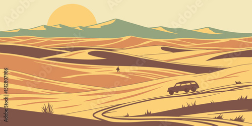 Vast desert landscape with a solitary traveler and an SUV against a sunset backdrop
