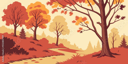 Vibrant autumn landscape with colorful trees lining a winding path in a serene forest environment