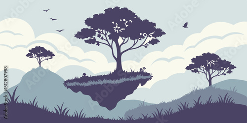 Floating islands with trees and birds in a serene landscape during twilight hours