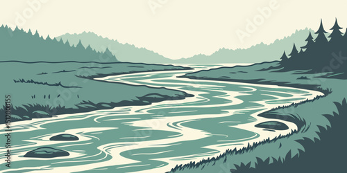 Calm river winding through lush greenery and distant mountains at dawn