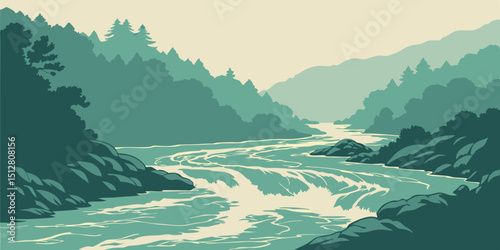 Calm river flows through dense forested mountains under a soft, pastel sky during early morning hours