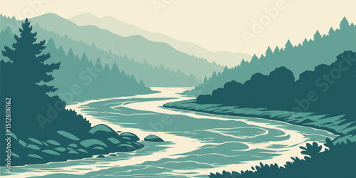 Winding river flows through misty mountains and evergreen forests in a serene landscape