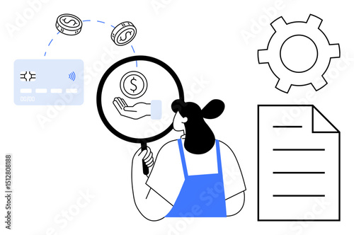 Woman examines a dollar coin with magnifying glass, surrounded by gears, payment card, and document. Ideal for finance, analysis, payments, investments, reports strategy and a simple landing page