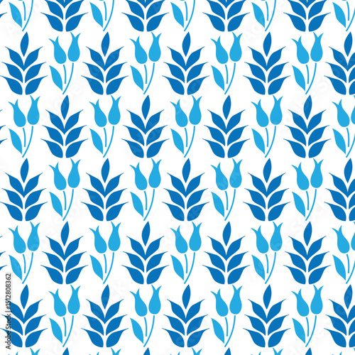 Seamless blue floral pattern with tulip and leaf motifs on a white background
