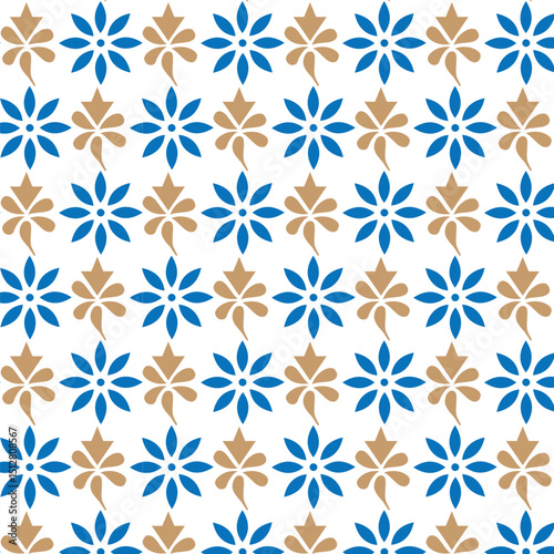 Seamless floral pattern with blue and tan flowers arranged on a white background