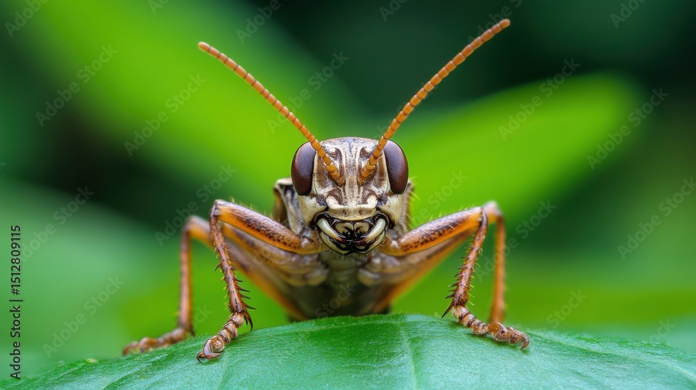 Fototapeta premium Close-Up View of a Grasshopper on Green Leaves Under Natural Light