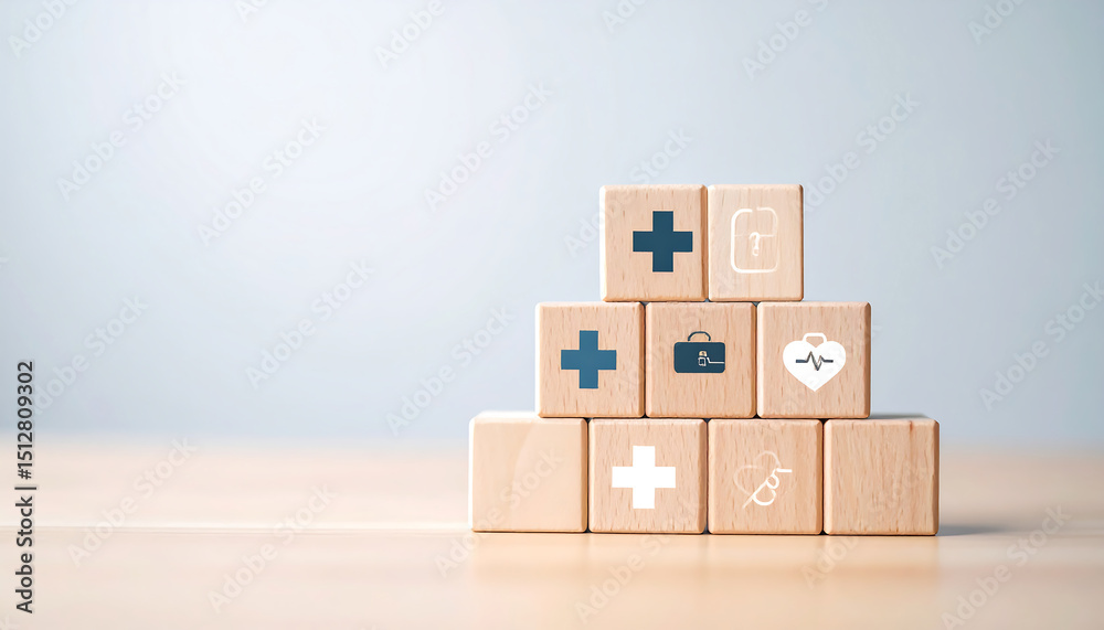 Obraz premium Stacked wooden blocks with medical symbols representing healthcare, wellness, and health concepts on a wooden surface.
