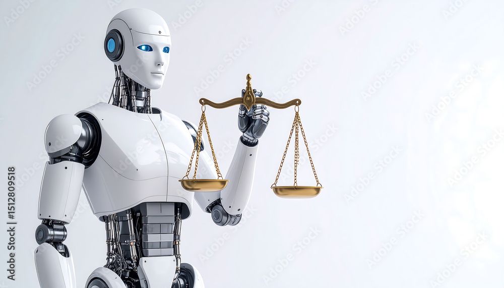 Fototapeta premium White humanoid robot holds golden scales of justice on a white background, symbolizing AI, law, and ethics.