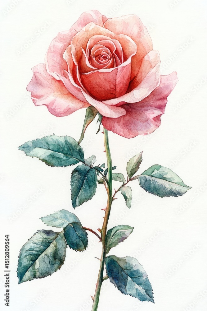 Fototapeta premium Soft Pink Watercolor Rose with Green Leaves and Gentle Brushstrokes