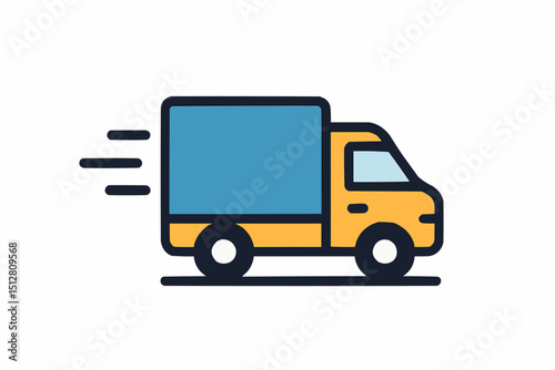 Illustration of a yellow delivery truck with blue cargo moving fast on a white background design