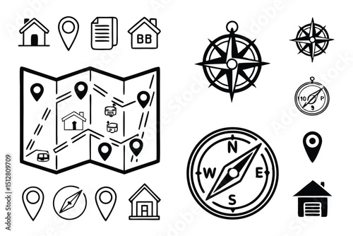 Location & Navigation Icon Set – GPS, Map Pins, Directions & Geolocation Symbols