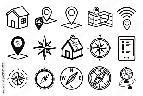Location & Navigation Icon Set – GPS, Map Pins, Directions & Geolocation Symbols