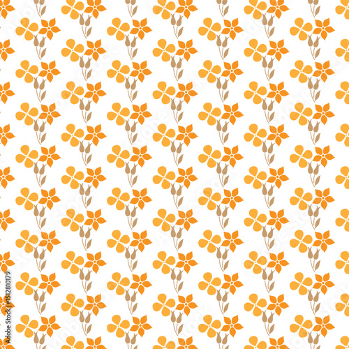 Decorative floral pattern with orange flowers and brown stems on a white background