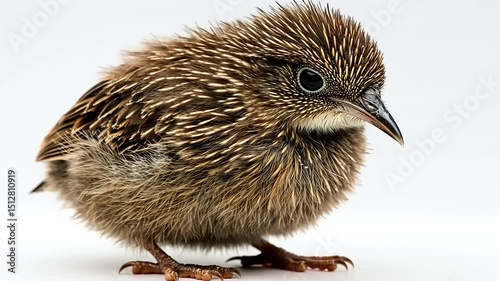 A close-up perspective capturing the detailed features of a fledgling bird on white