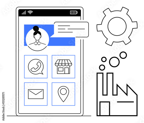 Smartphone screen with profile, messaging, service icons, cogwheel, and factory. Ideal for technology, communication, online services, business solutions factories manufacturing and simple landing