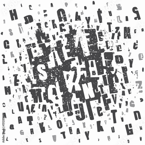 Distorted abstract typography with gritty textures and letterform fragments.