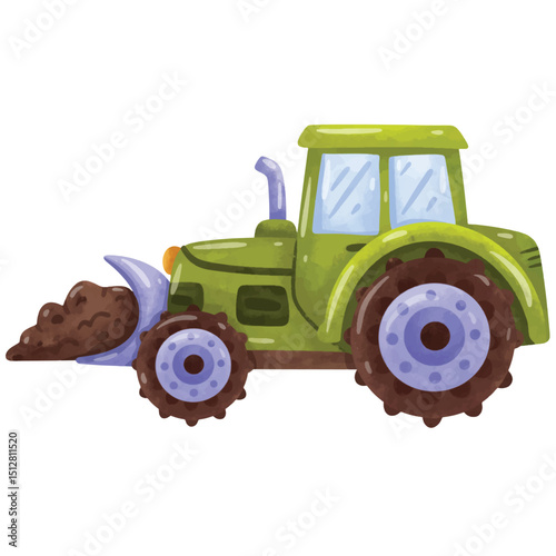 Tractor with front end loaders, green tractor vector illustration, hand drawn watercolor painting style, tractor clip art, clip art tractor, isolated on white background