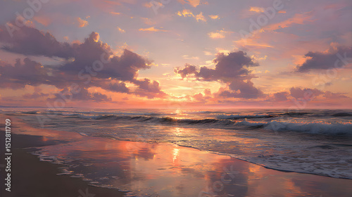 Golden Hour Sunset at the Beach Pink and Orange Hues Reflecting on the Water