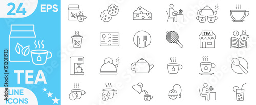 Tea icon set.teacup, green tea, cultivation, tea set, kettle, coffee, spoon knife, orange juice, morning, cereals, jam, milk, teaspoon and more.Vector and illustrator set.