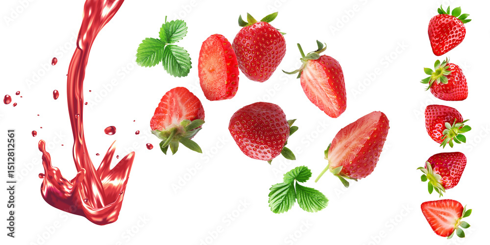 Fototapeta premium fresas flotando con splash cremoso fresas cortadas en varias presentaciones aislado rojas jugosa fresca deliciosa saludable fotografía macro alta definición chapoteo dulce cremoso png 
