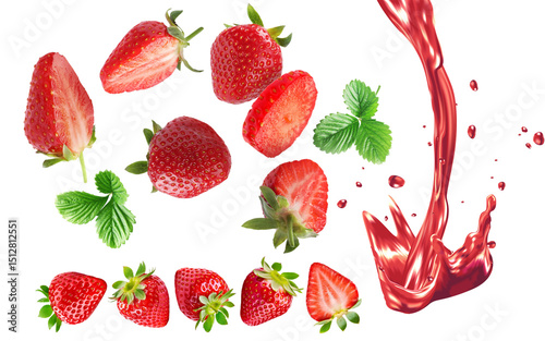 fresas flotando con splash cremoso fresas cortadas en varias presentaciones aislado rojas jugosa fresca deliciosa saludable fotografía macro alta definición chapoteo dulce cremoso png 