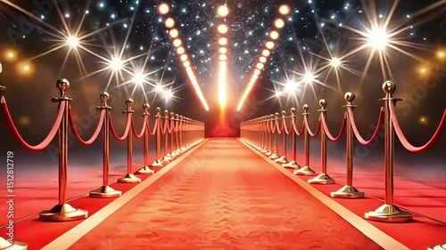 A vibrant red carpet extends into the distance, flanked by golden stanchions with red velvet ropes and illuminated by dazzling spotlights, symbolizing fame, glamour, or a prestigious event.