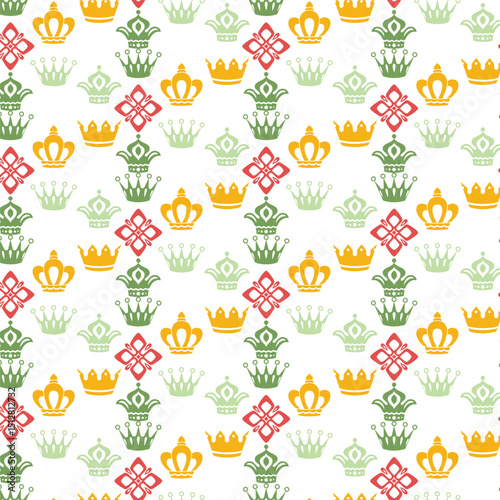 Colorful seamless crown pattern on white background repeating royal illustration.