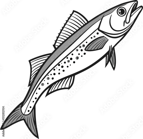 Whiting Sea Fish Vector Illustration: Sleek Marine Life Design in Monochrome Line Art Style