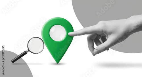 Green location marker with magnifying glass and hand gesture
