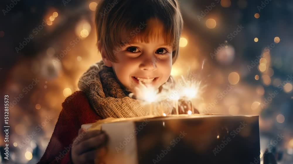 A young boy, wearing a scarf, excitedly opens a magical glowing gift box. The warm bokeh lights in the background create a festive, cozy atmosphere, full of wonder and anticipation.