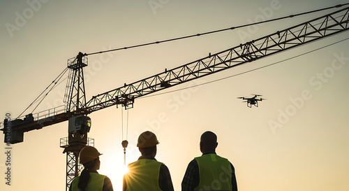 Construction Site Inspection: Crane, Drone, and Crew at Sunset
