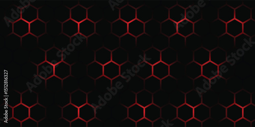 Dark gray and red horizontal hexagonal technology abstract vector background. red bright energy flashes under hexagon in futuristic modern technology wide banner. Dark gray honeycomb texture grid.