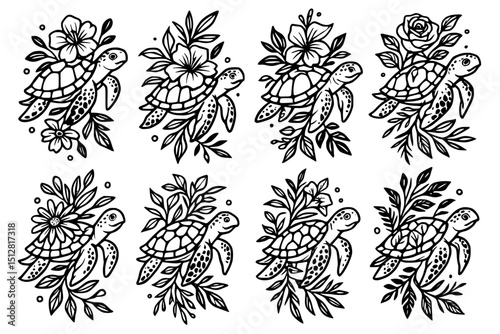 set of turtle and flower