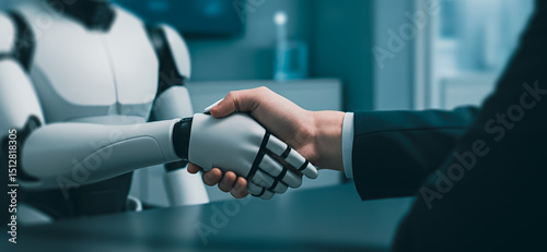 Close-up of a businessperson shaking hands with a humanoid robot in a modern office, symbolizing collaboration between artificial intelligence and human leadership.