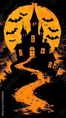 Haunted Halloween castle on hilltop path