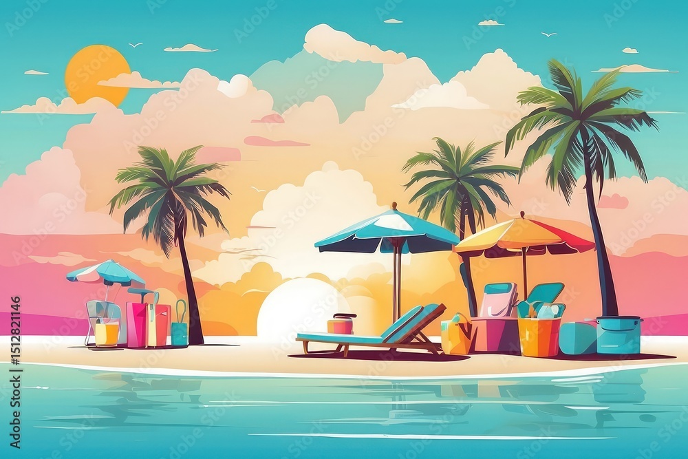 Fototapeta premium Summer Vacation Beach Illustration — Flat Vector with Palm Trees, Coconut Drink, and Sunset