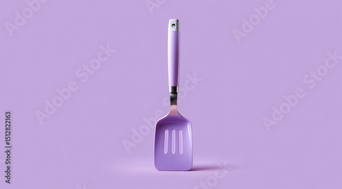 A single purple spatula standing upright against a matching purple background in a studio setting