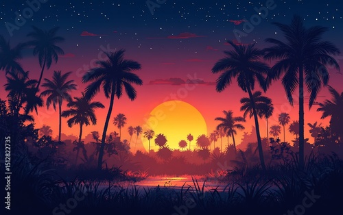 Sunset Serenity Silhouetted Palms Under a Starry Sky