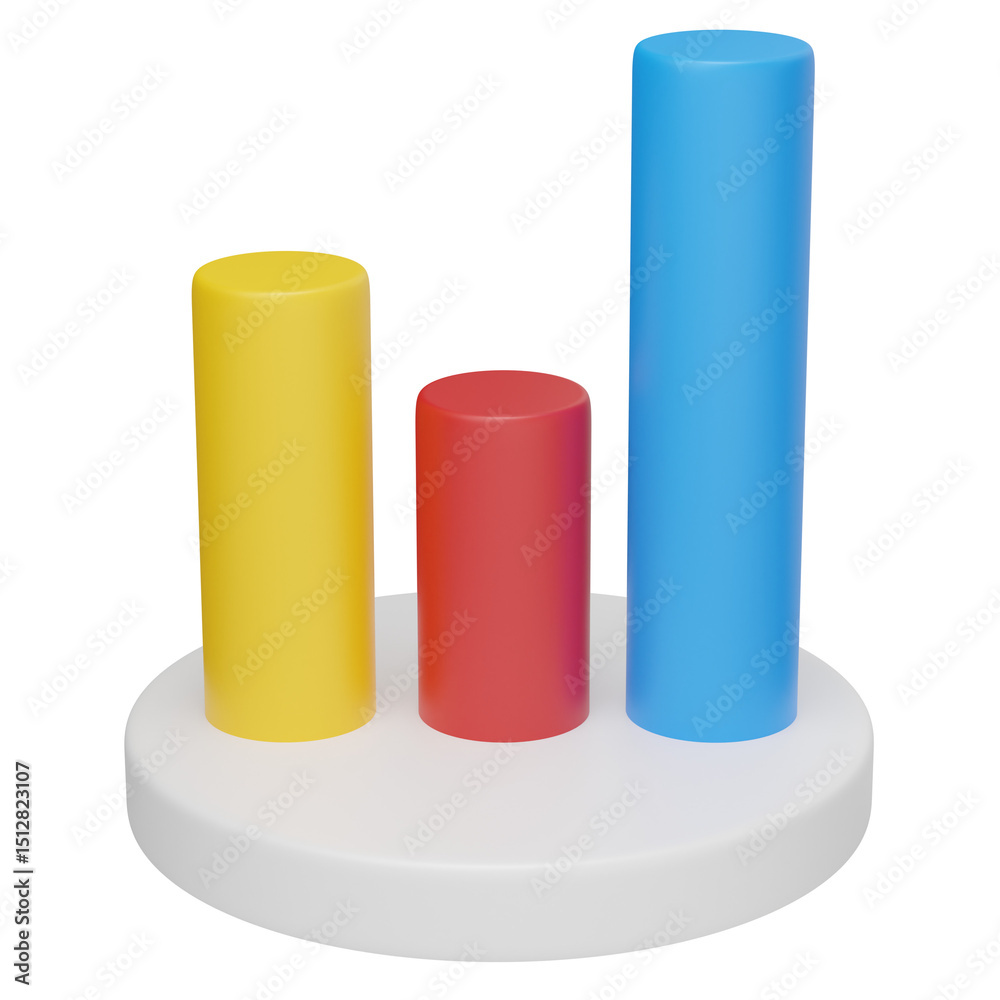 3D bar chart with red, yellow, and blue cylindrical bars on white circular base 3D bar chart with red, yellow, and blue cylindrical bars on white circular base
