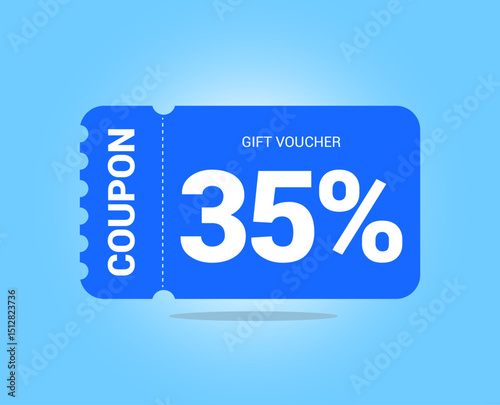 35% coupon promotion sale. Thirty five percent Vector Gift Voucher. Blue discount, lucky ticket, special offer promo. Web, shopping label, percent sign. Special price offers.