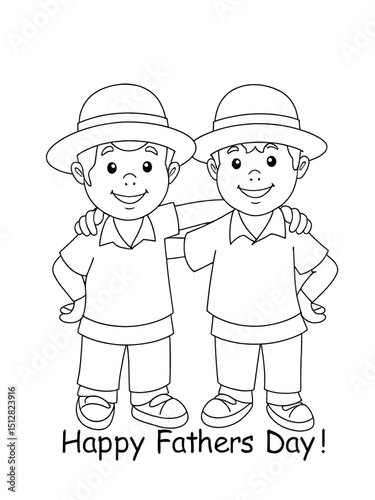Happy Father's Day Coloring Page with Two Smiling Fathers in Hats