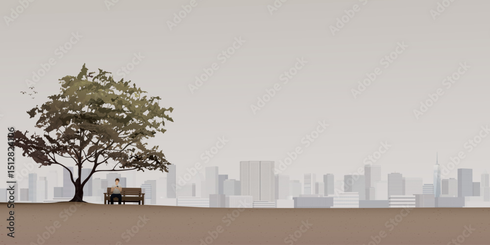 Naklejka premium Minimalist landscape with silhouette of man using smartphone sitting on the bench under the tree have skyscrapers far away graphic illustration.