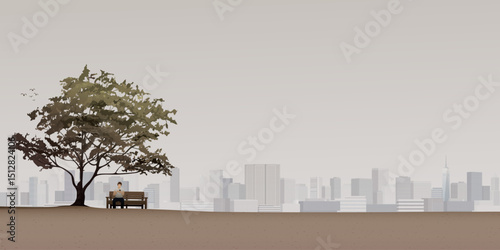 Minimalist landscape with silhouette of man using smartphone sitting on the bench under the tree have skyscrapers far away graphic illustration.