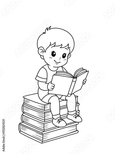 Cute Boy Reading a Book While Sitting on a Stack of Books Coloring Page, Printable Art Work for A4 Paper Size