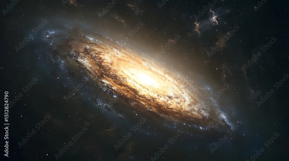 Fototapeta premium A spiral galaxy with brilliant hues of yellow and orange.