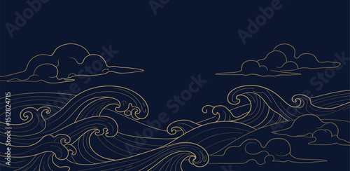 Vector gold line abstract wave pattern, elegant flow luxury texture design, wavy element, Japanese style background. Curve premium shape.