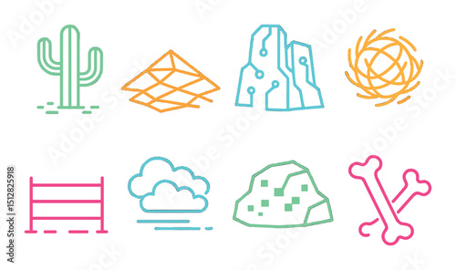 Neon desert wasteland icon set. flat survival and adventure symbols