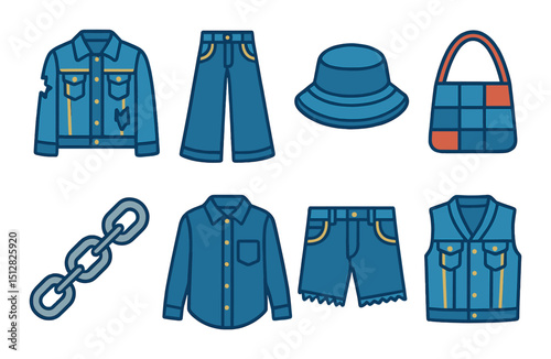 Denim fashion flat icon set featuring apparel and accessories symbols