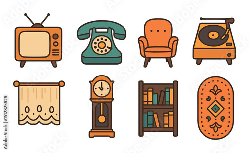 Vintage decor icon set. retro and antique flat style symbols for home design