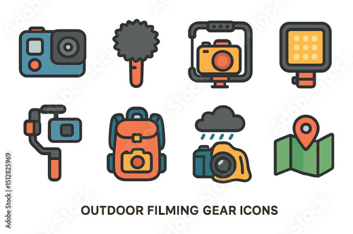 Outdoor filming gear icon set. flat style for video equipment and camera symbols